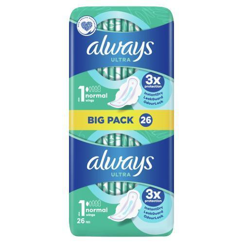 Always Ultra Normal Sanitary Pads with Wings Pack of 26 (Size 1)
